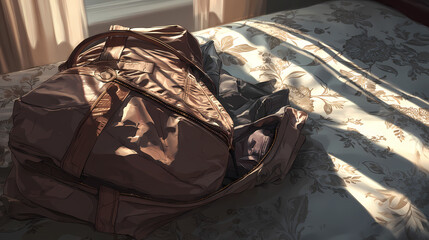 Bag zipper halfway undone on bedspread