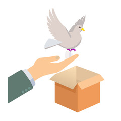 Vector illustration of open hand presenting a box and feeding a dove symbolizing giving and care