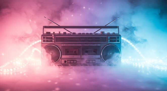 Classic boombox with glowing audio waveform in vibrant pink and blue neon smoke and lights.