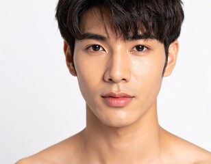 Close-up portrait of a young Asian man with clear glowing skin on white background