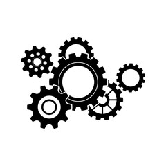A black and white vector illustration of two gears with a clean, minimalist design. Suitable for use as a symbol of mechanisms, industrial processes, technology, mechanical engineering, or automation.