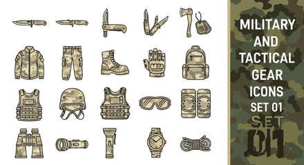 Collection of military and tactical gear icons including knives, tools, axe, clothing, boots, gloves, backpack, helmet, vest, goggles, and binoculars.