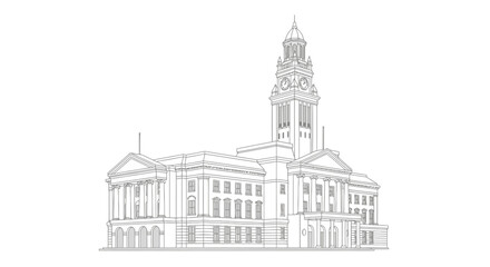Architectural Drawing of a Grand Building with a Clock Tower and Classical Elements