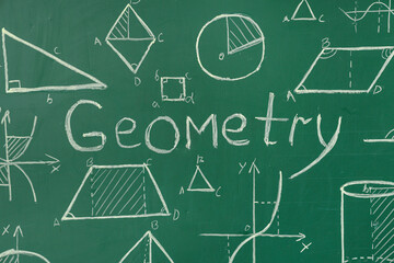 Different drawn geometric figures and word GEOMETRY on green chalkboard