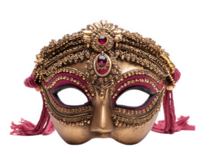 Ornate gold Indian classical dance mask with red gemstone accents, intricate detailing, and maroon fabric tassels, isolated on transparency background, exuding cultural elegance and tradition