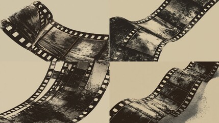Four segments of aged, damaged film strips, curled and overlapping against a muted background, showcasing faded, speckled monochrome images