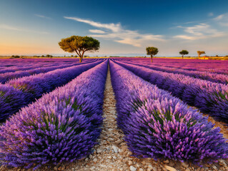 Obraz premium vast expanse of lavender fields in full bloom under a sunny sky