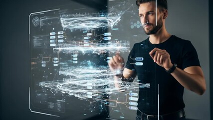 Futuristic Technology Concept: Man Interacting with a Transparent Data Interface, Future of Data Analysis and Visualization, Virtual Reality, Augmented Reality - Powered by Adobe