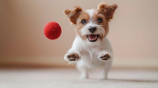 Cute small dog jumping to catch a red ball indoors in bright lighting