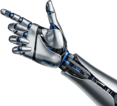 Detailed metallic robot arm with visible gears and blue accents pointing with thumb up futuristic transparent background