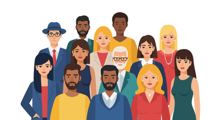 Obraz premium Diverse Cartoon People Group Illustration Representing Teamwork and Community Spirit, Diverse Ethnicities, Different Age Groups and Professions