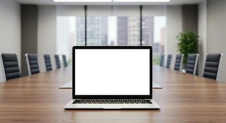 Fototapeta premium Laptop with blank screen on conference table in modern office setting