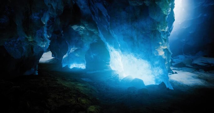 The interior of an enchanting ice cave with vibrant blue hues reflecting in the icy walls. Natural light filters in, creating a magical atmosphere while revealing unique rock formations.