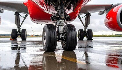 Low angle view of a red commercial airplane landing gear on a wet runway runway