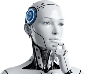 Close up of a female humanoid robot head and shoulders with a glowing blue eye sensor Artificial Intelligence transparent background