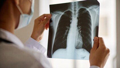 A healthcare worker analyzing a chest X-ray, focusing on lung health and medical diagnosis in a clinical environment.