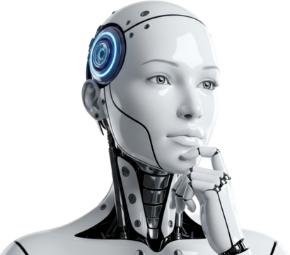 Close up of a female humanoid robot head and shoulders with a glowing blue eye sensor Artificial Intelligence transparent background