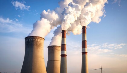Cooling towers of a power plant releasing steam into the sky, showcasing industrial energy production.