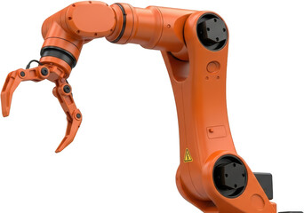 Detailed view of an industrial robotic arm with articulated joints and gripping claw isolated on black transparent background