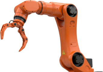 Detailed view of an industrial robotic arm with articulated joints and gripping claw isolated on black transparent background