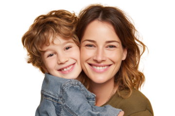 Smiling Mother Hugging Young Son from Behind, Front-Facing Portrait, Transparent Background (2)