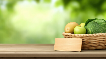 Fresh fruits and vegetables in a wicker basket on a wooden table outdoors