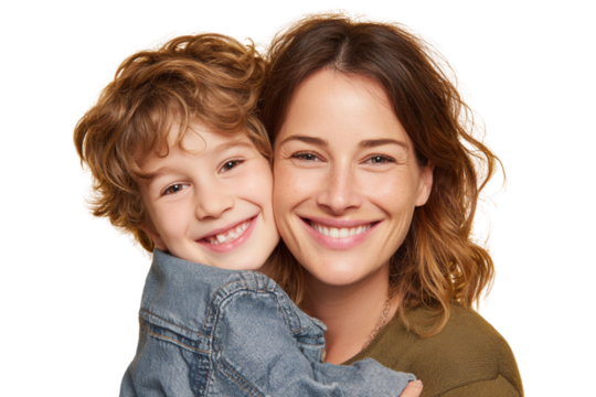 Smiling Mother Hugging Young Son from Behind, Front-Facing Portrait, Transparent Background (2)