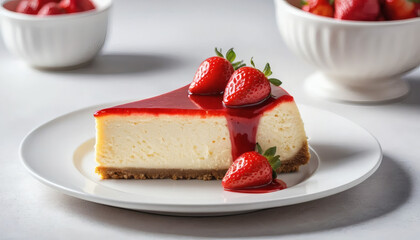 A slice of classic cheesecake with strawberry topping on a white plate, soft natural lighting, minimalistic background.