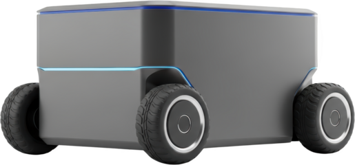 Gray delivery robot with blue lighting accents and four black wheels isolate autonomous technology