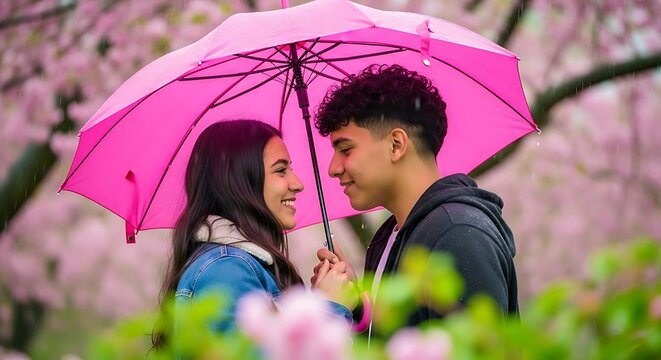 Couple under a pink umbrella during a springtime rain shower.
