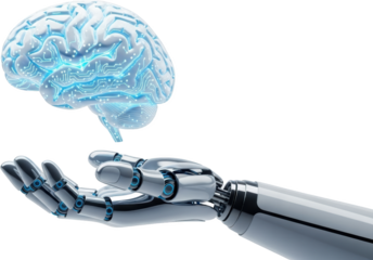 Robotic hand presenting a luminous blue circuitry human brain illustration isolate artificial intelligence