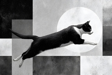 Monochrome Grace: Abstract Cat Stretching Across Geometric Shapes