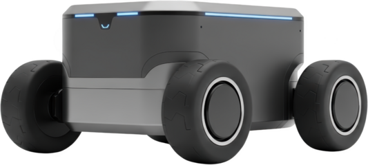 A modern grey robotic delivery vehicle with blue illuminated accents and four wheels isolate
