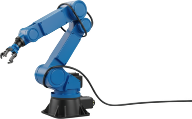 Blue industrial robotic arm with gripper articulated mechanical appendage and cable automation transparent background