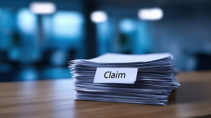 Stacked claims on wooden desk in an office during late afternoon light