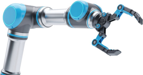 Industrial robotic arm with articulated joints and gripping end effector advanced technology transparent background