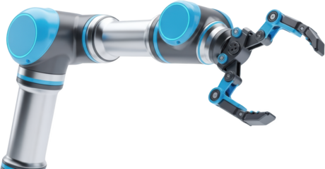 Industrial robotic arm with articulated joints and gripping end effector advanced technology transparent background