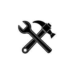 A vintage-style, rough-textured silhouette of a hammer and a crossed combination wrench. Ideal for construction, carpentry, or renovation services brand identities.