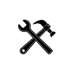 A vintage-style, rough-textured silhouette of a hammer and a crossed combination wrench. Ideal for construction, carpentry, or renovation services brand identities.