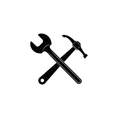 A vintage-style, rough-textured silhouette of a hammer and a crossed combination wrench. Ideal for construction, carpentry, or renovation services brand identities.