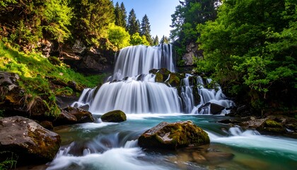 Majestic Cascade: A symphony of nature's artistry, captivating waterfall and tranquil river