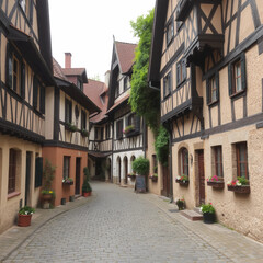 Obraz premium Explore the charming streets of a medieval european town with half timbered houses and cobblestone roads