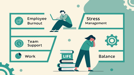 Workplace mental health vector with employee burnout, stress management, team support, and work-life balance




