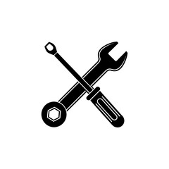 A flat black and white vector illustration of a crossed screwdriver and wrench. Perfect for a logo for a repair shop, technician, home repair, or automotive service.