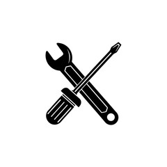 A flat black and white vector illustration of a crossed screwdriver and wrench. Perfect for a logo for a repair shop, technician, home repair, or automotive service.