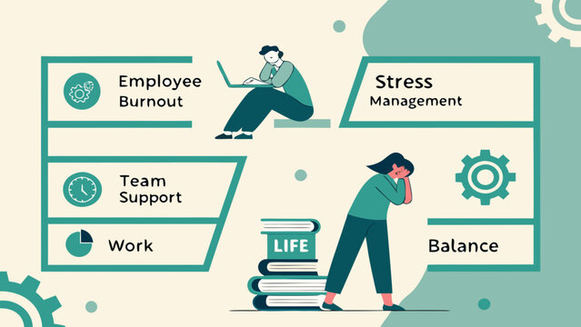 Workplace mental health vector with employee burnout, stress management, team support, and work-life balance




