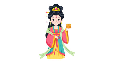 Naklejka premium Delightful cartoon character of a graceful princess holding traditional mooncake for mid-autumn festival celebrations