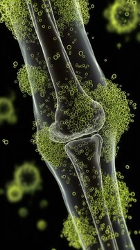 Crosssectional view highlighting clustered nitrogen bubbles in vivid limegreen disrupting joint flexibility and causing pain symptoms.
