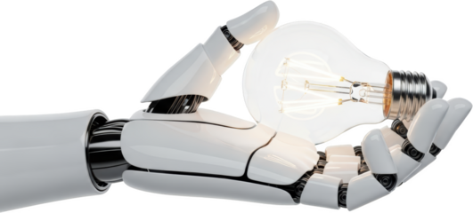 Robotic hand holding a glowing light bulb with intricate details Innovation Technology Future transparent background