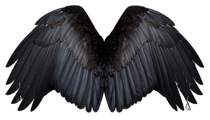 Majestic raven wings unfurled, showcasing intricate feather details and ethereal beauty on white